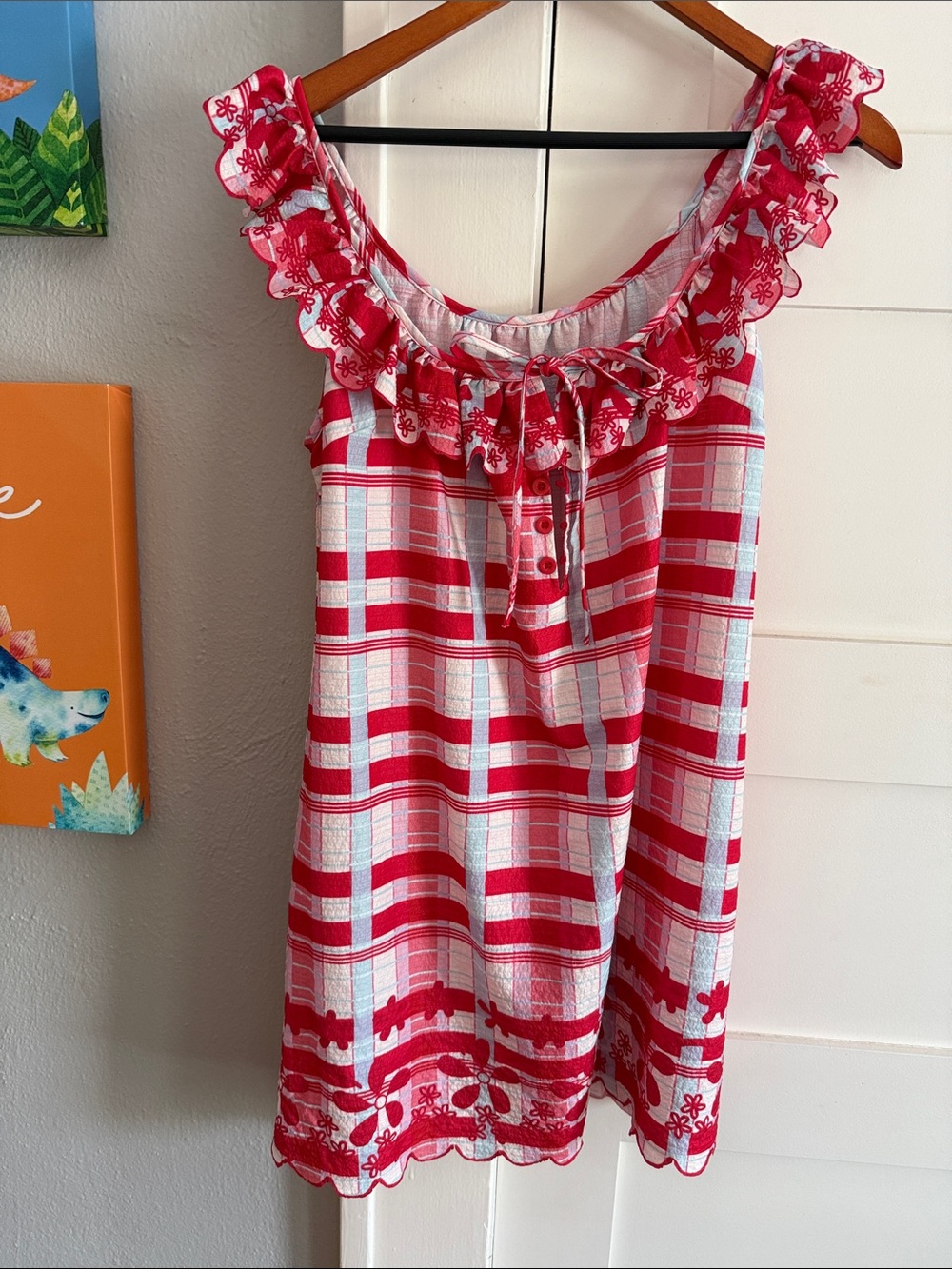 SHEIN Red & White Plaid Ruffle Neck Mini Dress